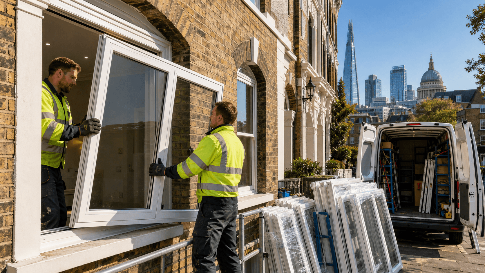 Gloved worker installs a large glass window in a London street, with warm interior light and blurred city buildings.
