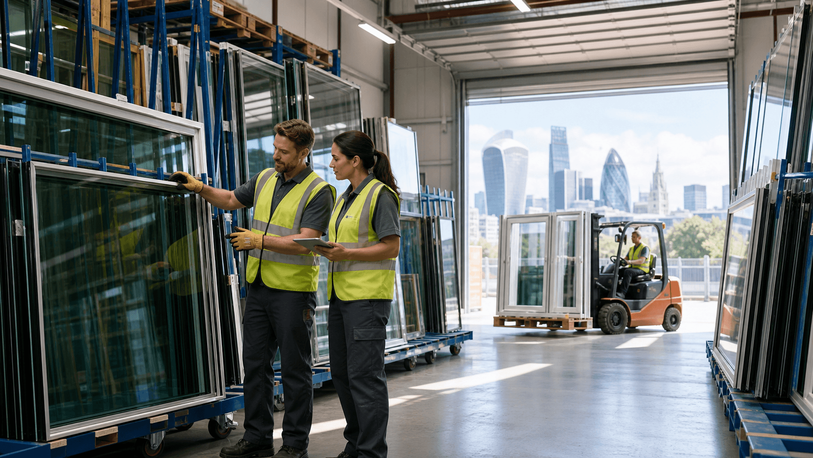 Stacks of white window frames in a bright warehouse, with a London skyline visible through open doors.