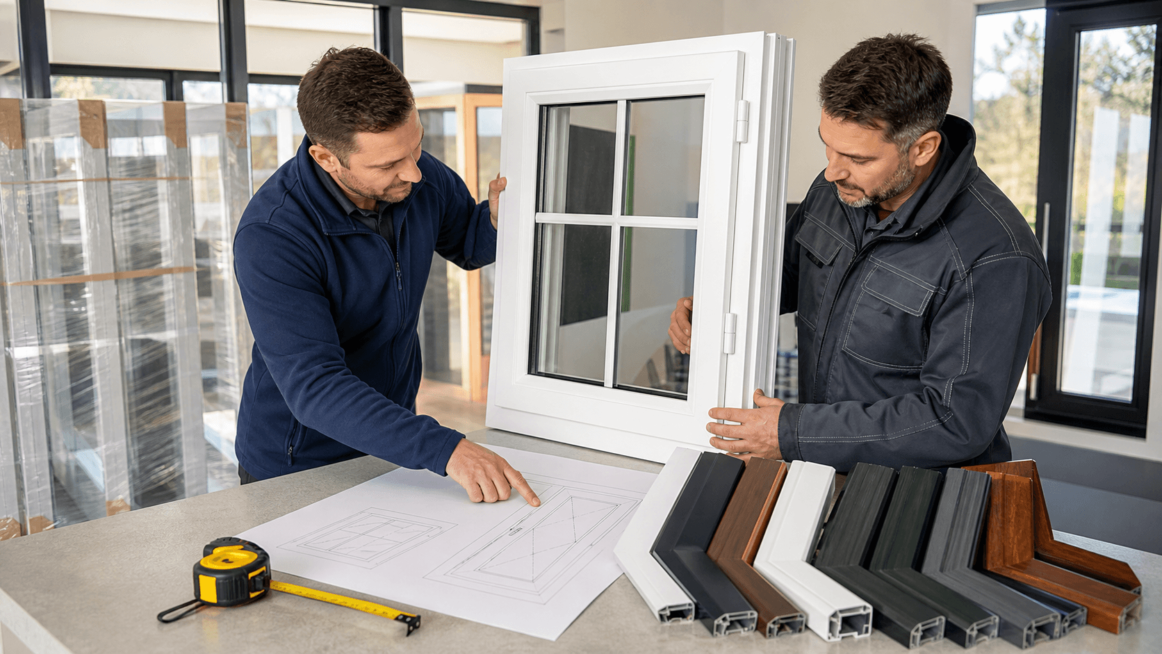 Trade installer reviews window measurements on a laptop beside stacked white-framed windows in a bright workshop.