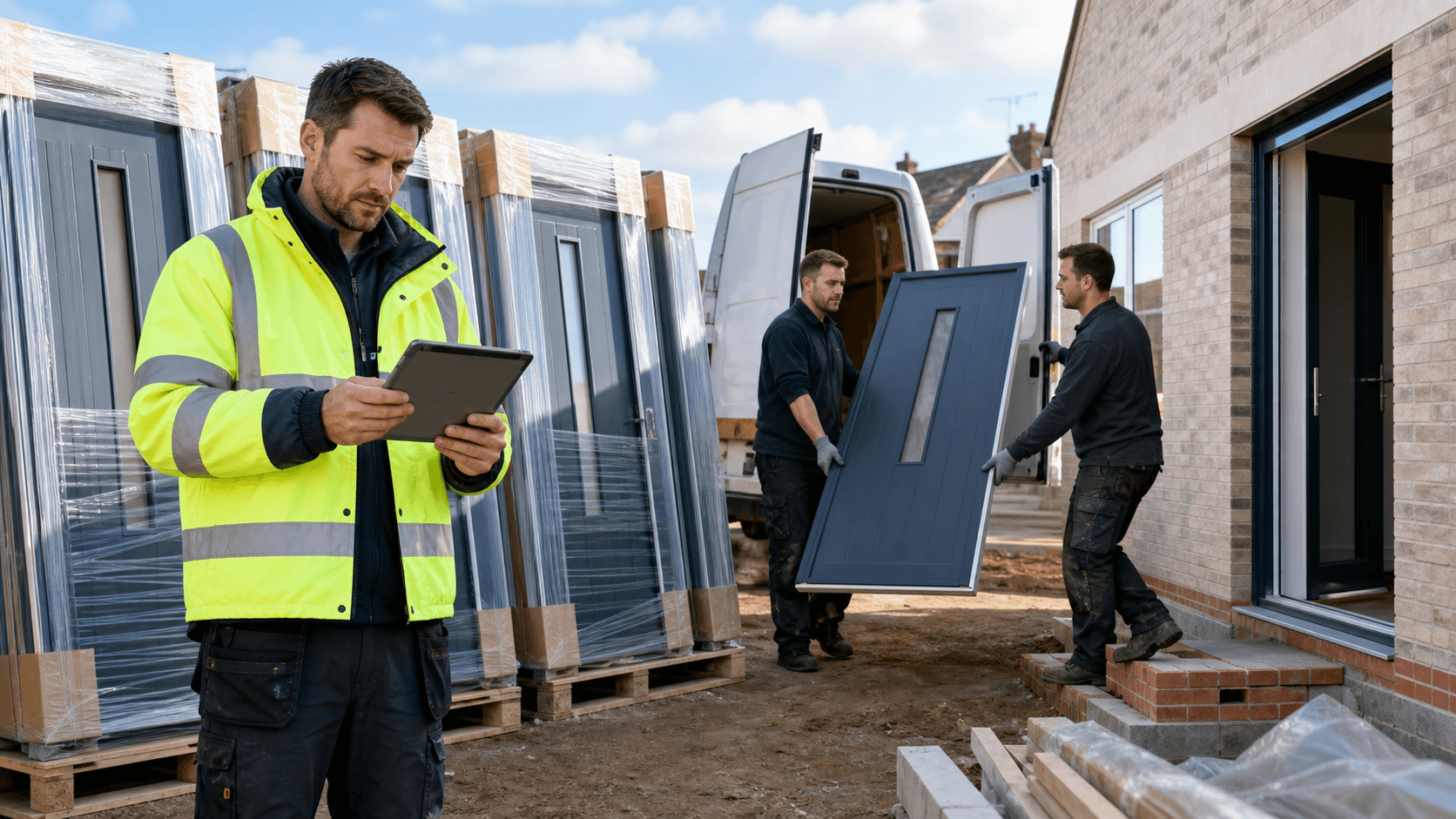 Worker reviews door order on tablet beside stacked wooden doors and a delivery truck at a sunlit construction site.