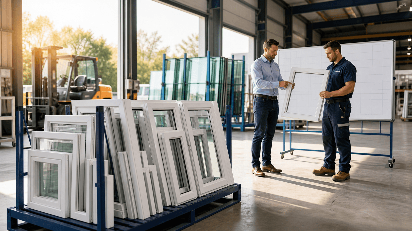White PVC window frames displayed beside a planning calendar in a bright, modern warehouse.
