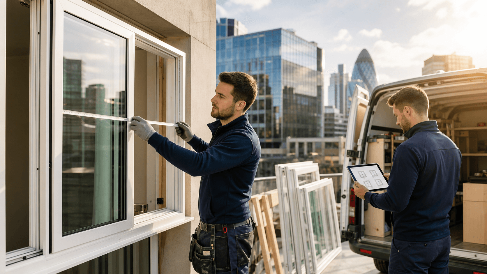 Installer in high-vis vest reviews window frames on a laptop beside stacked glazing units in a bright warehouse.
